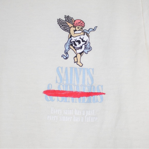 RGSTR Cream Saints & Sinners Short Sleeve Graphic T-Shirt Mens Size S - Picture 3 of 6